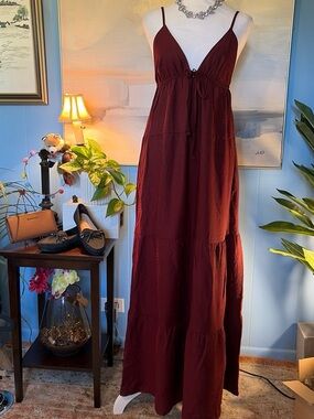 Women's Burgundy Spaghetti-Strap Maxi Dress with Tie Front